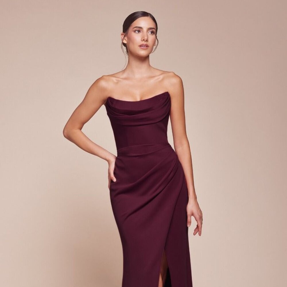 NEW SLEEVELESS STRAPLESS CHIFFON DRESS W/ GATHERED WAISTLINE & LEG SLIT CD355